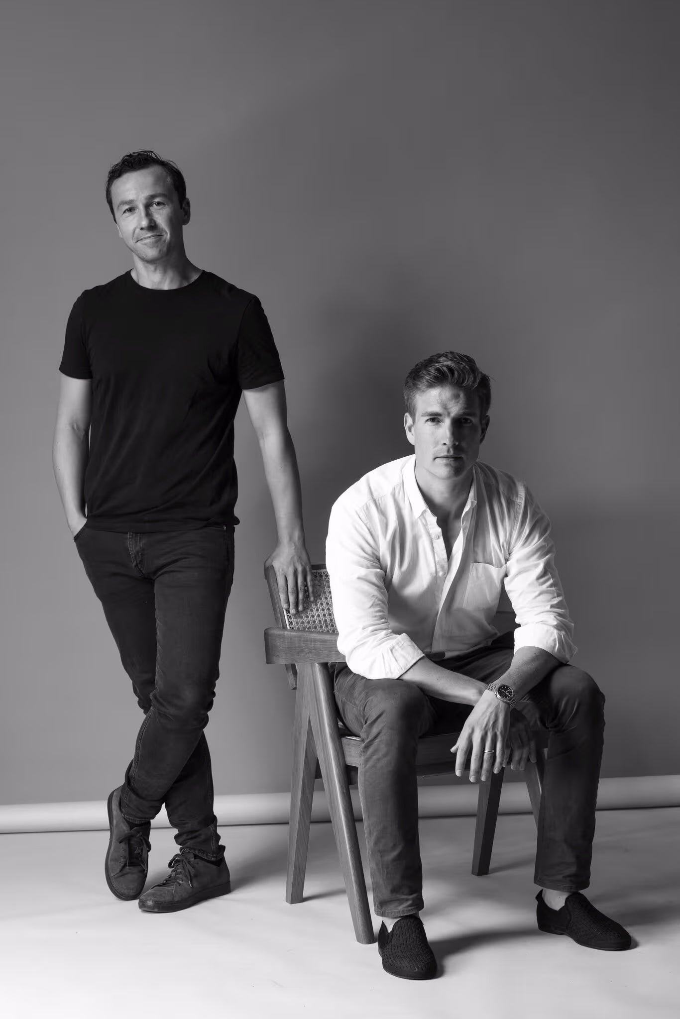 Black and white portrait of the Abate Founders, Leo and Kristian.